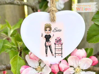 Makeup Artist Gift, Personalised Beautician Hanging, Ceramic Ornament.