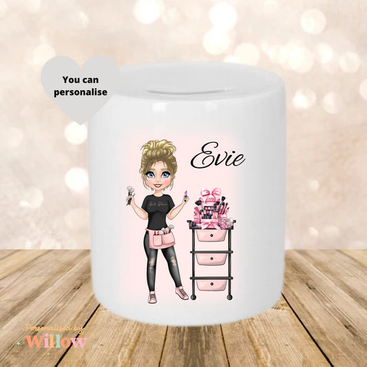 Personalised Makeup Artist Tip Jar, Beautician Piggy Bank.