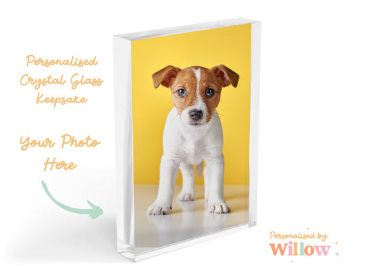 Personalised Pet Photo Gift, Crystal Glass Block Plaque, Office Gift.