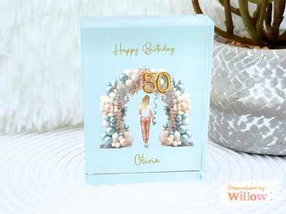 Personalised 30th Birthday Gift, Crystal Glass Block Plaque, Sister Gift.