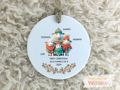 Personalised 1st Christmas as Family of 4, Sheep Mummy Daddy Ceramic Ornament