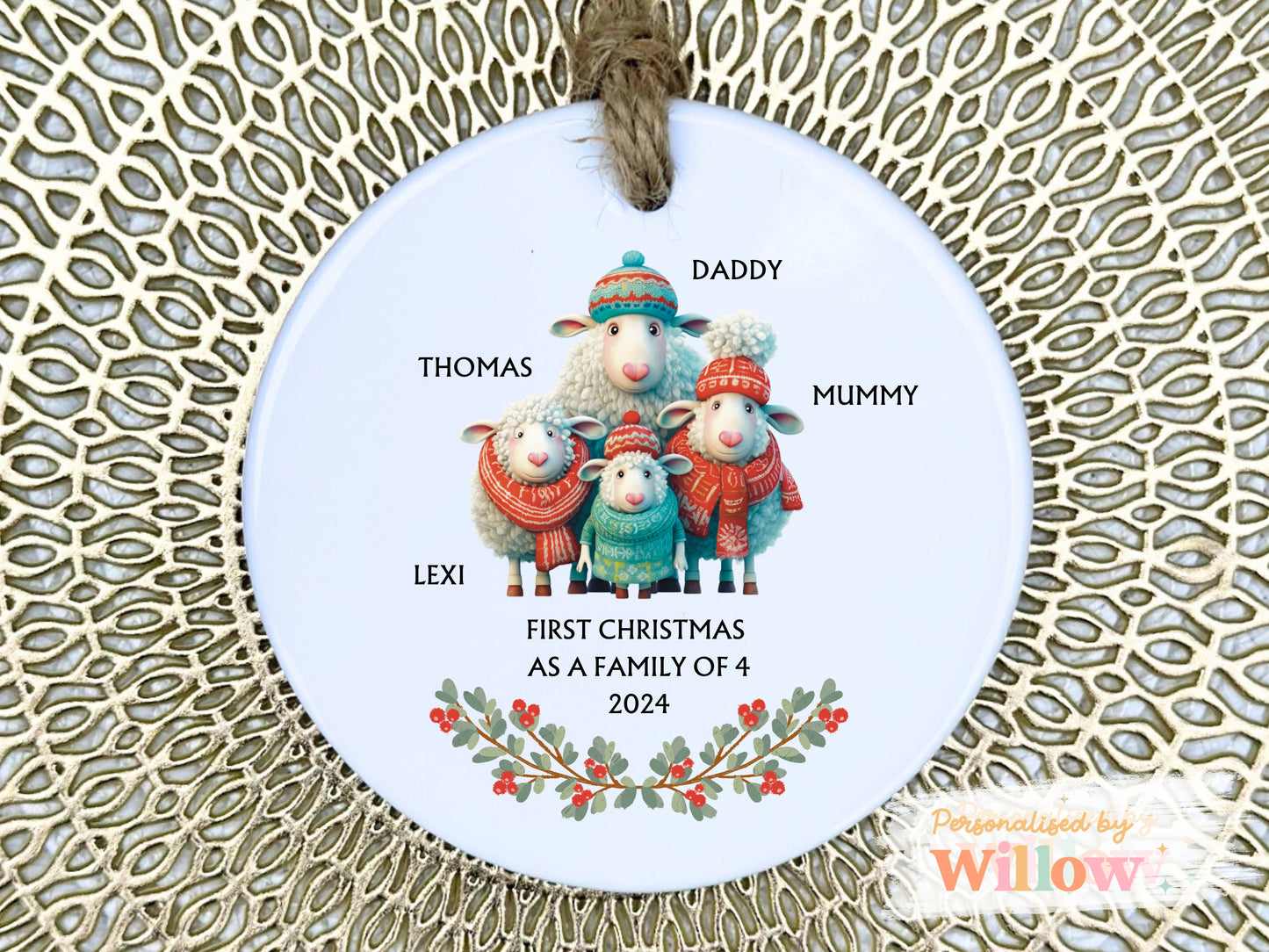 Personalised 1st Christmas as Family of 4, Sheep Mummy Daddy Ceramic Ornament