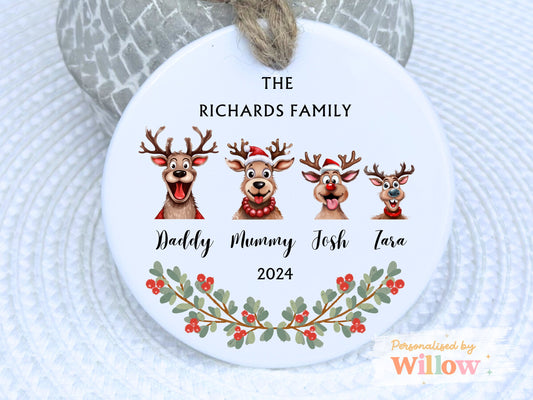 Christmas Reindeer Ornament, Personalised Family Decoration, Custom Christmas Ornament, Keepsake Bauble, Family Gift