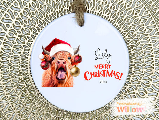 Personalised Highland Cow Christmas Decoration, Custom Cow Christmas Ornament, Keepsake Bauble, Christmas Ornament Gift