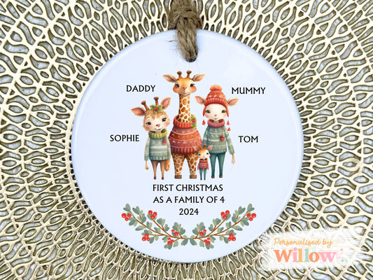 Personalised 1st Christmas as Family of 4, Giraffe Mummy Daddy Ceramic Ornament