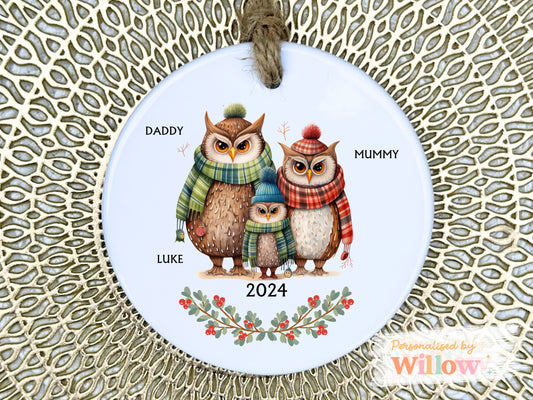 Personalised 1st Christmas as Family of 3, Owl Mummy Daddy Ceramic Ornament Keepsake