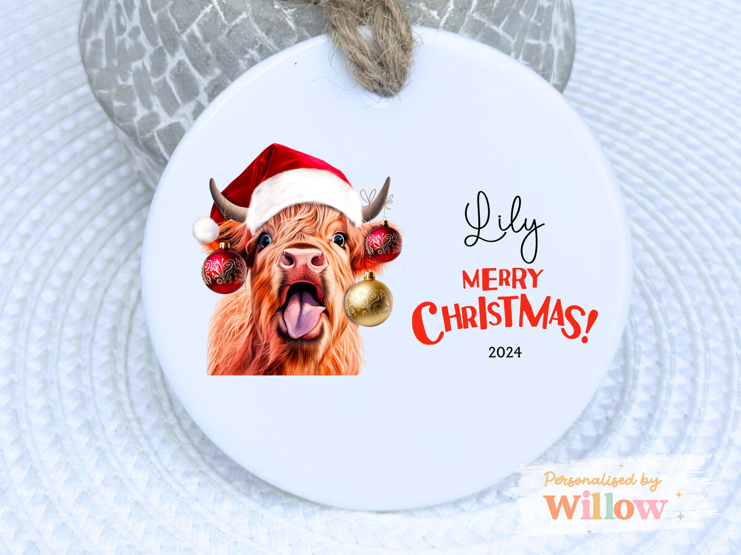 Personalised Highland Cow Christmas Decoration, Custom Cow Christmas Ornament, Keepsake Bauble, Christmas Ornament Gift