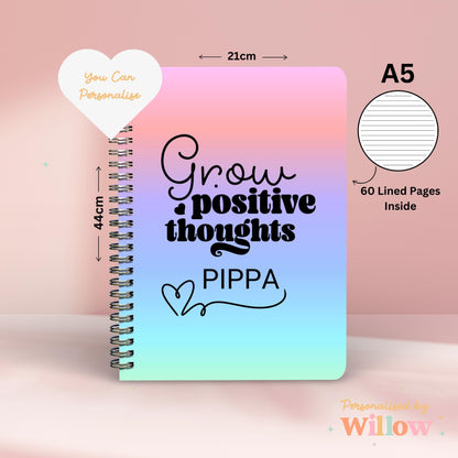 Personalised Grow Positive Thoughts Notebook, Creative Ideas Affirmation Journal